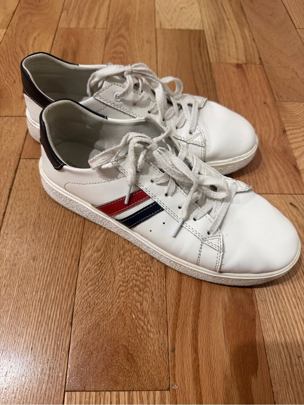 White Lace-Up Women's Sneakers with Red and Navy Side Stripes made of genuine le